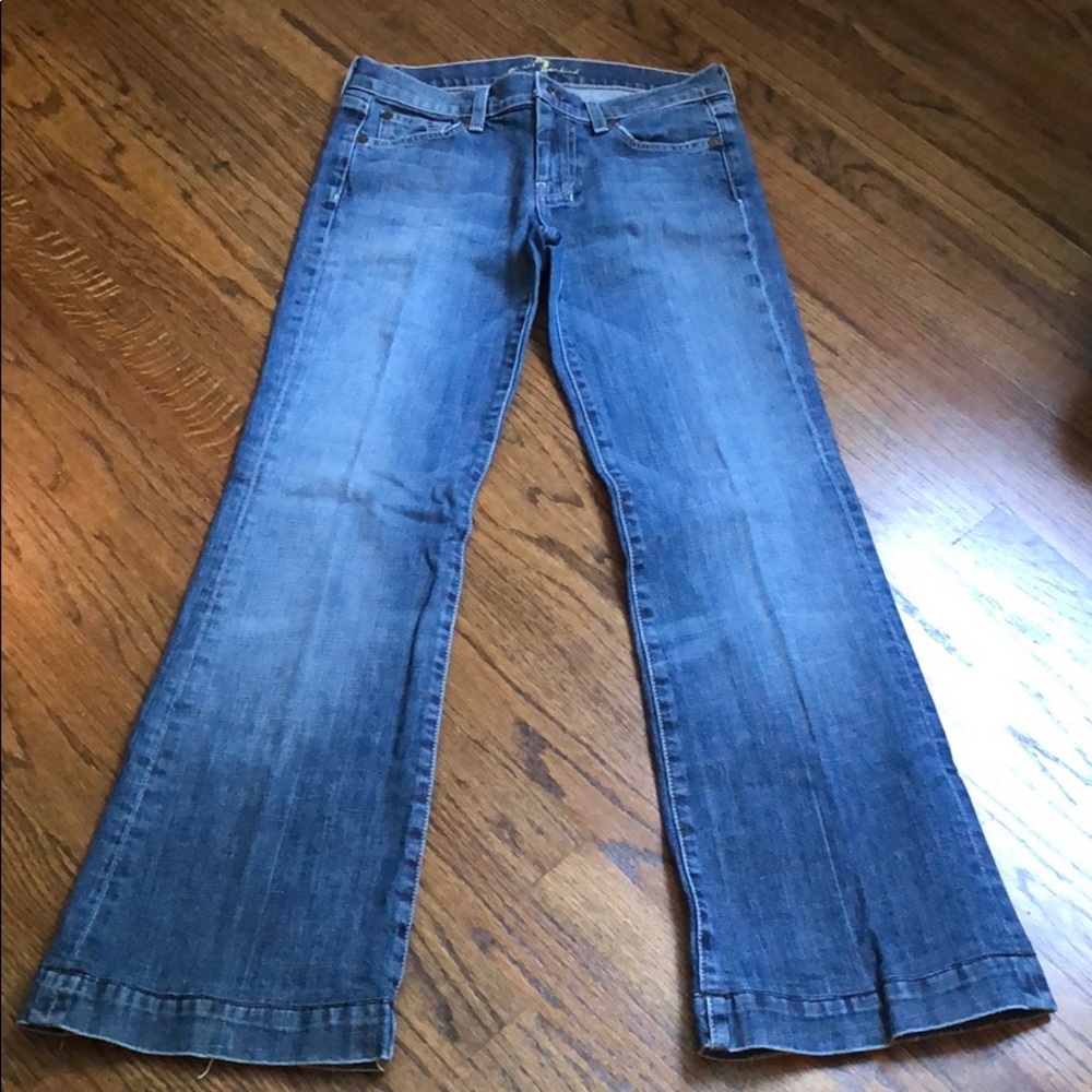 Ladies 7 for All Mankind Vintage Distressed blue-wash Dojo bootcut jeans